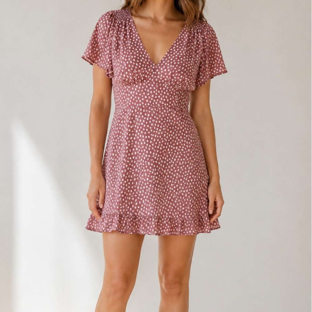 Abercrombie Fitch Cottagecore Mini Dress L Polka Dot Short Sleeve Mauve Pockets